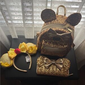 Loungefly Gold Sequin Minnie Ear Backpack with Bow Accent